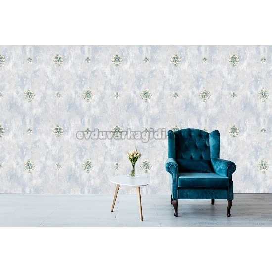 Bella Wallcoverings Gri Zemin Mavi Damask Desenli YG31205 Duvar Kağıdı 16.50 M²