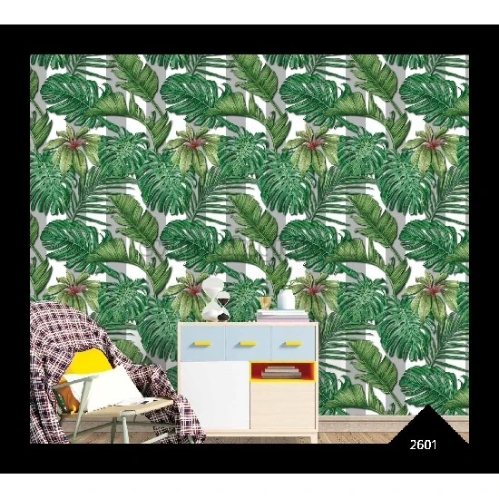 Wall212 3d Natural 3 Boyutlu Gri Beyaz Çizgili Desen Üzerine Tropikal Yeşil Yaprak Desenli 2601 Duvar Kağıdı 5 M²