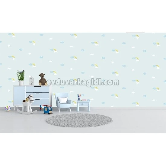 Adawall Ada Kids Mavi Zemin Gökkuşağı Bulut Desenli 8902-1 Duvar Kağıdı 10 M²