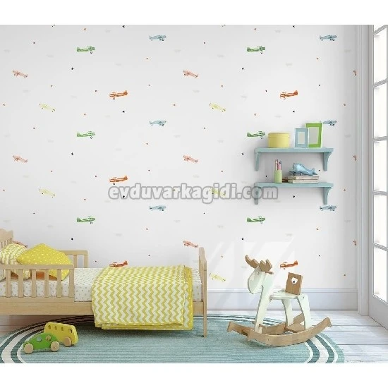 Adawall Ada Kids Beyaz Gökyüzü Yıldız Bulutlar Arasında Renkli Uçak Desenli 8907-1 Duvar Kağıdı 10 M²