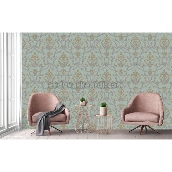 Adawall Rumi Mavi Gri Süsleme Motifli Damask Desenli 6806-6 Duvar Kağıdı 10.60 M²