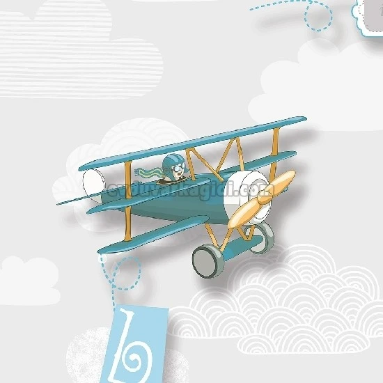 Duka Kids Collection Gri Zemin Beyaz Bulutlar Üstünde Sarı Turuncu Yeşil Gri Uçaklar Desenli 15157-1 Duvar Kağıdı 16.20 M²