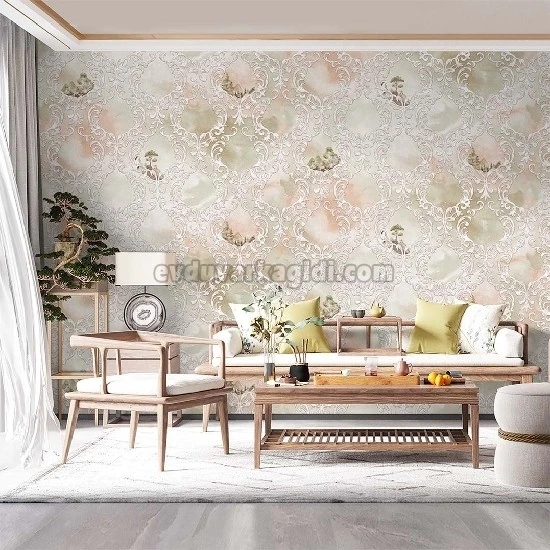 Duka Voyage Su Yeşili Krem Bulutumsu Zemin Üstünde Damask Motif İçinde Ağaç Desenli 24650-2 Duvar Kağıdı 10.60 M²