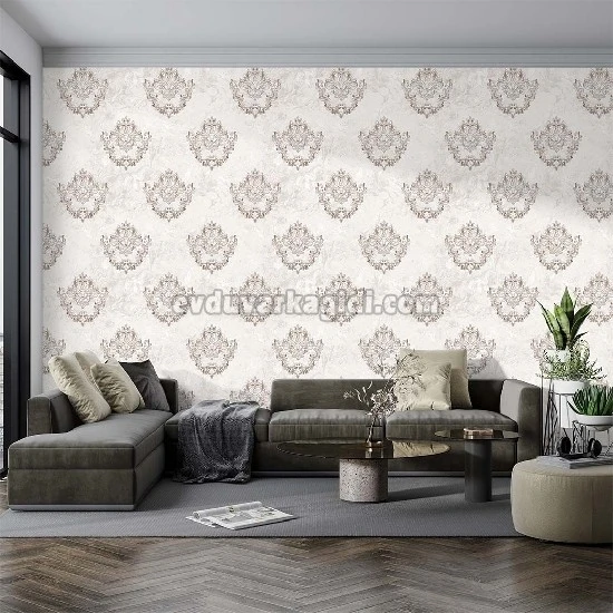 Duka Voyage Beyaz Açık Bej Zemin Kahverengi Damask Desenli 24760-1 Duvar Kağıdı 10.60 M²