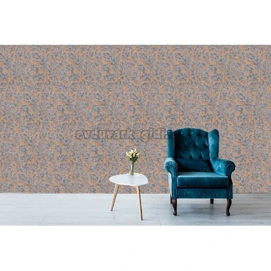 Murella Canova (italyan) Kabartma Doku Kahve Zemin Üstünde Mavi Yaprak Desenli M2045 Duvar Kağıdı 7 M²